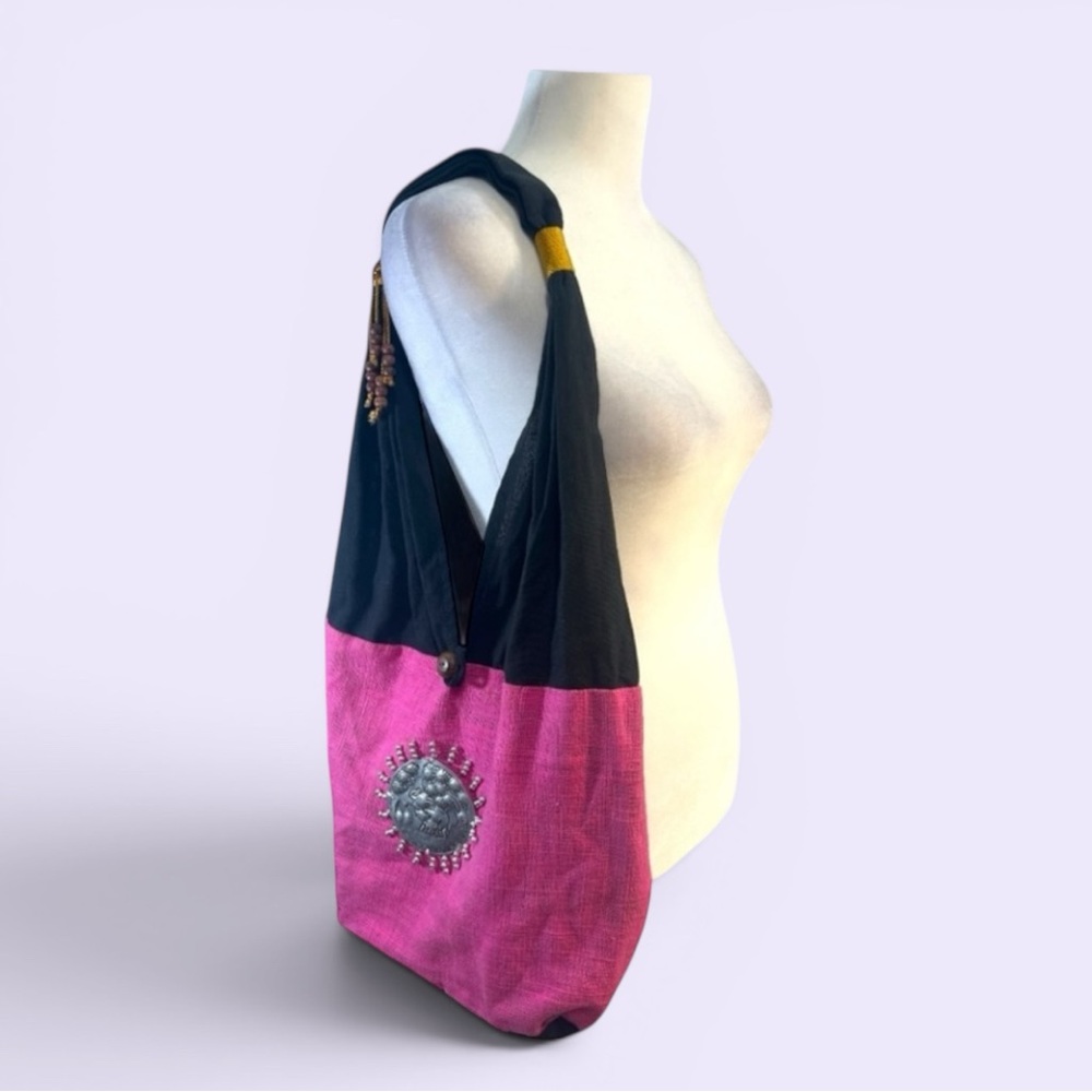 Vintage Hot Pink and Black Shoulder Bag with Silver Medallion of an Elephant